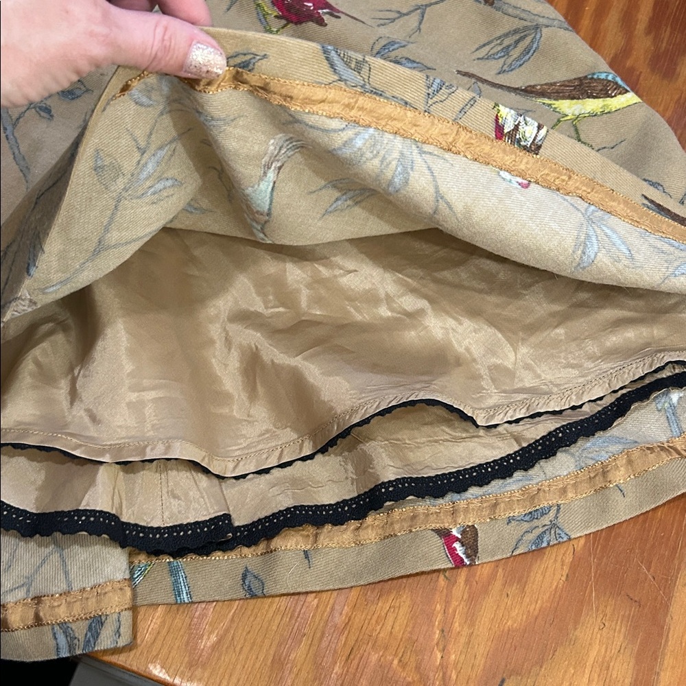 Anthropologie Elevenses Wool A-Line Skirt with Bird Print, tan, gray, red. - Picture 9 of 10